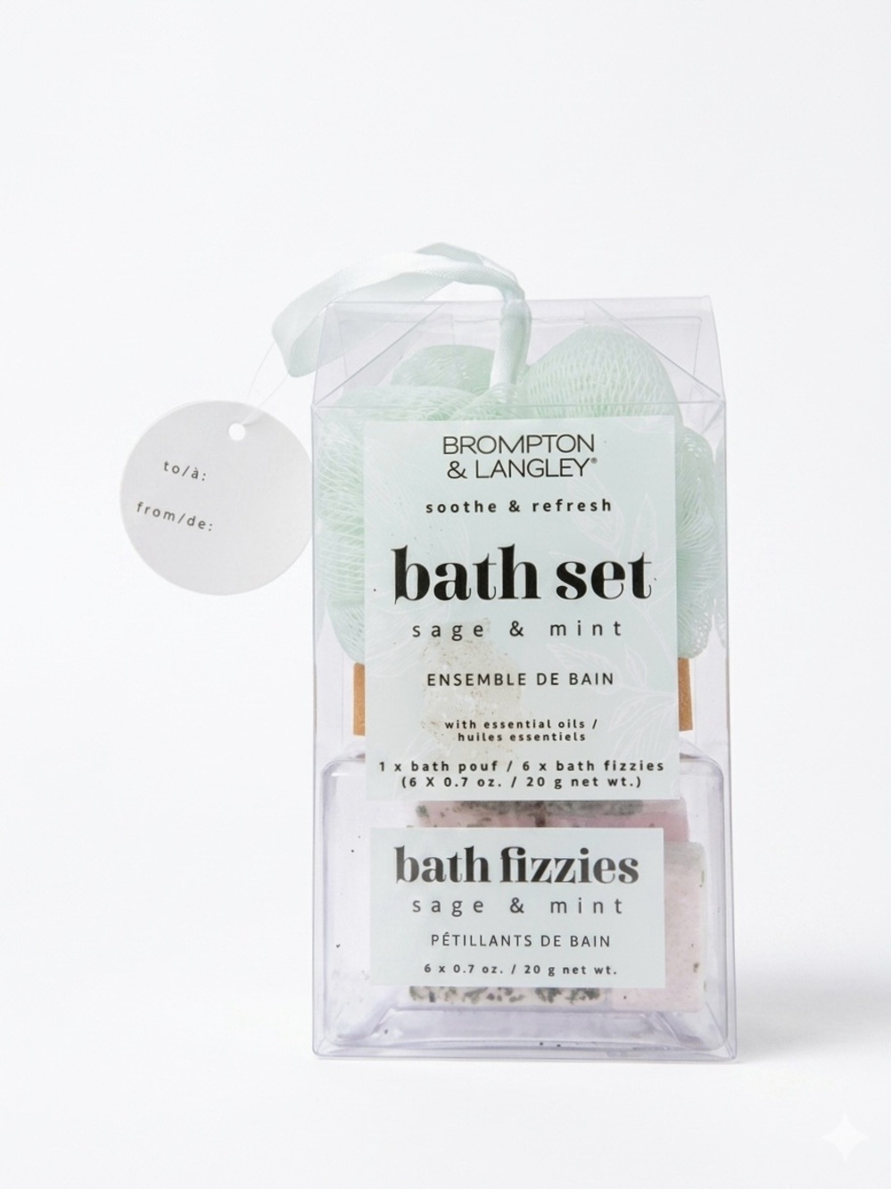 Brompton & Langley Sage & Mint Bath 6 Fizzies Pouf Gift Set with essential oils